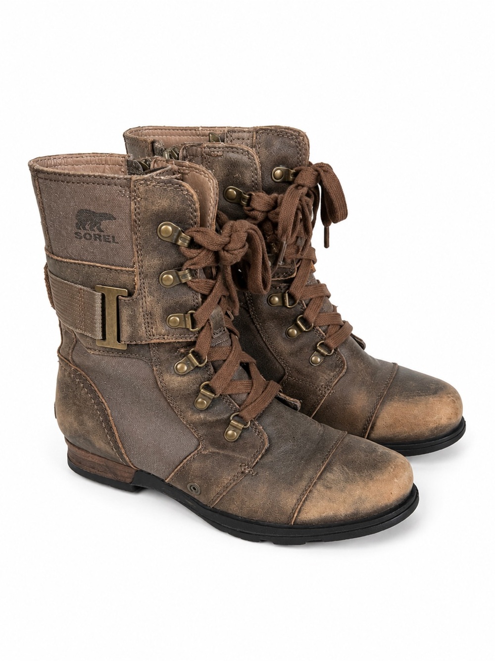 Sorel Major Carly Distressed Leather Canvas Combat Boots Brown Size 8.5 - Picture 3 of 16